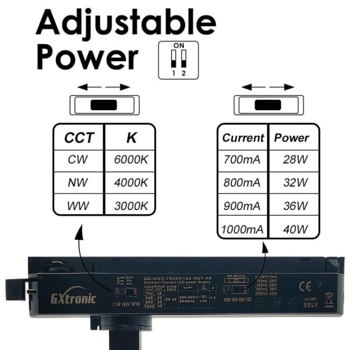 Spot LED Rail Monophasé 28W-40W - Noir - Optique réglable 24° ou 60° - UGR13 - CCT
