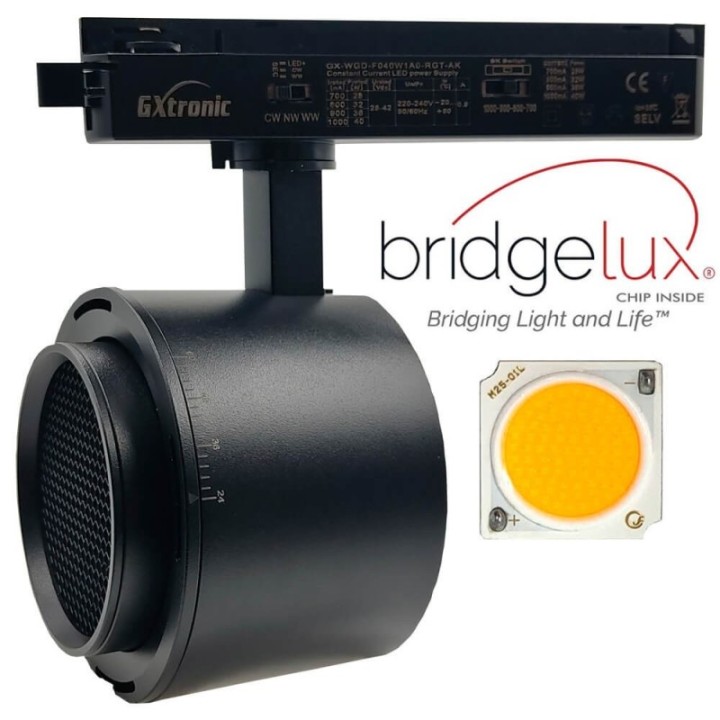 Spot LED Rail Monophasé 28W-40W - Noir - Optique réglable 24° ou 60° - UGR13 - CCT