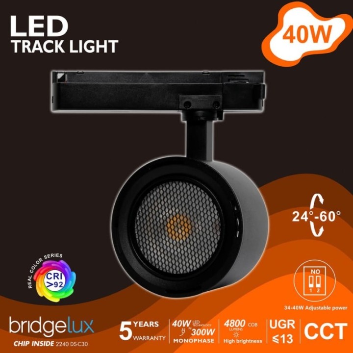 Spot LED Rail Monophasé 28W-40W - Noir - Optique réglable 24° ou 60° - UGR13 - CCT