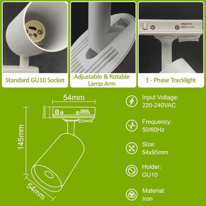 Spot sur Rail Blanc – Monophasé – Orientable pour Ampoule GU10