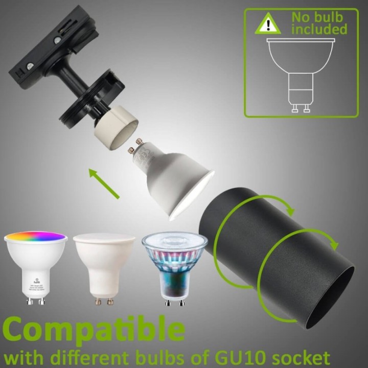 Spot sur Rail Noir – Monophasé – Orientable pour Ampoule GU10