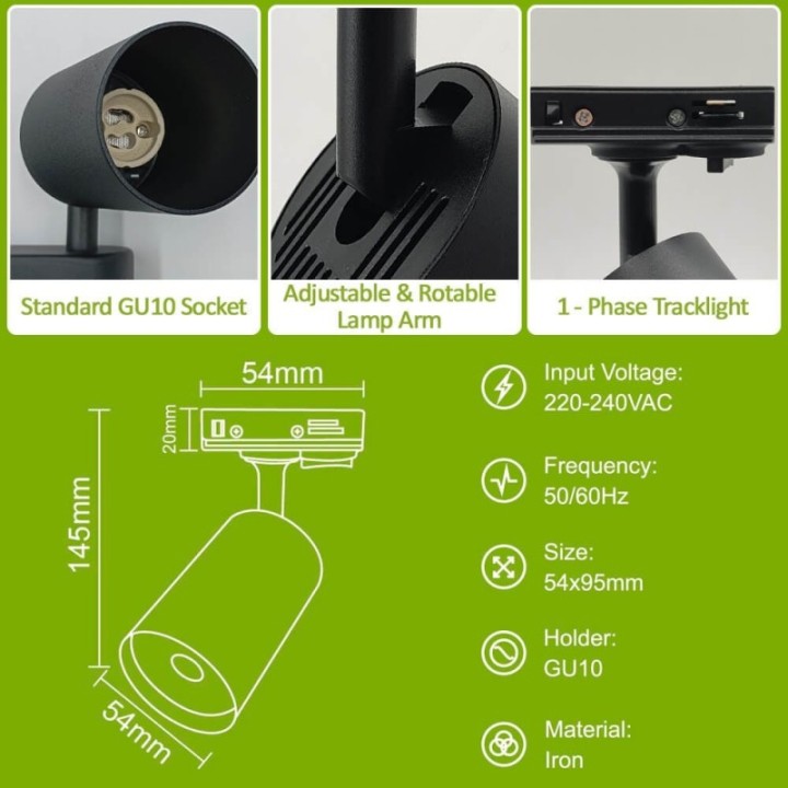 Spot sur Rail Noir – Monophasé – Orientable pour Ampoule GU10