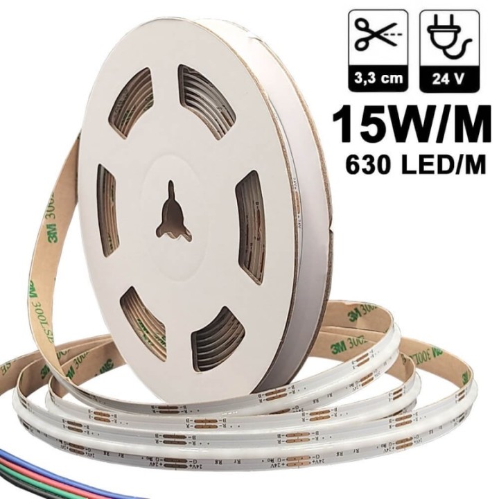 Bande LED RGB COB 24V – 672 LED/m – 15W/m – Éclairage décoratif coloré – IP20
