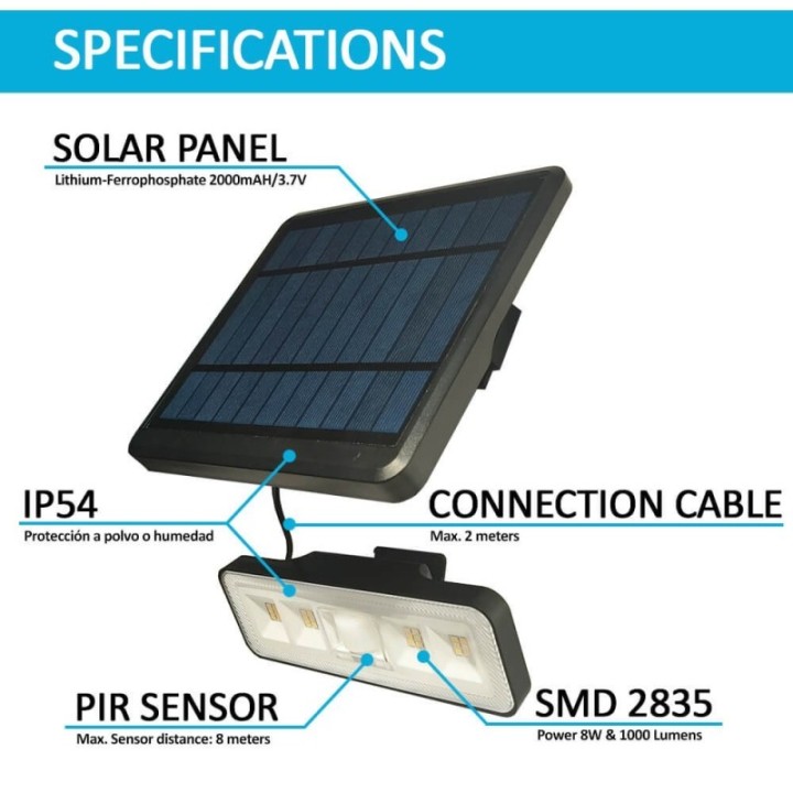 Applique solaire LED détachable 1000 lumens – Panneau déporté 2 m – Capteur PIR – 4000K