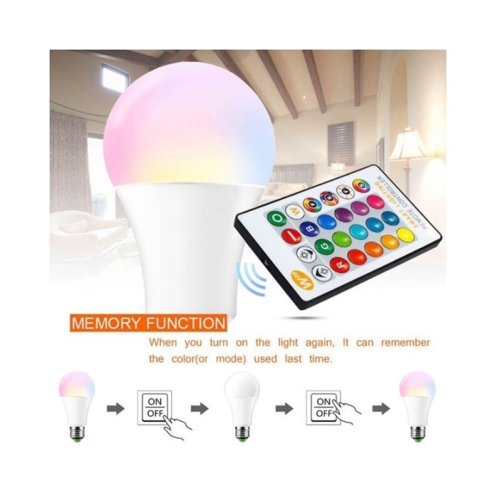 Ampoule LED - 10W - 270º - E27 - RGB + Blanc + Télécommande