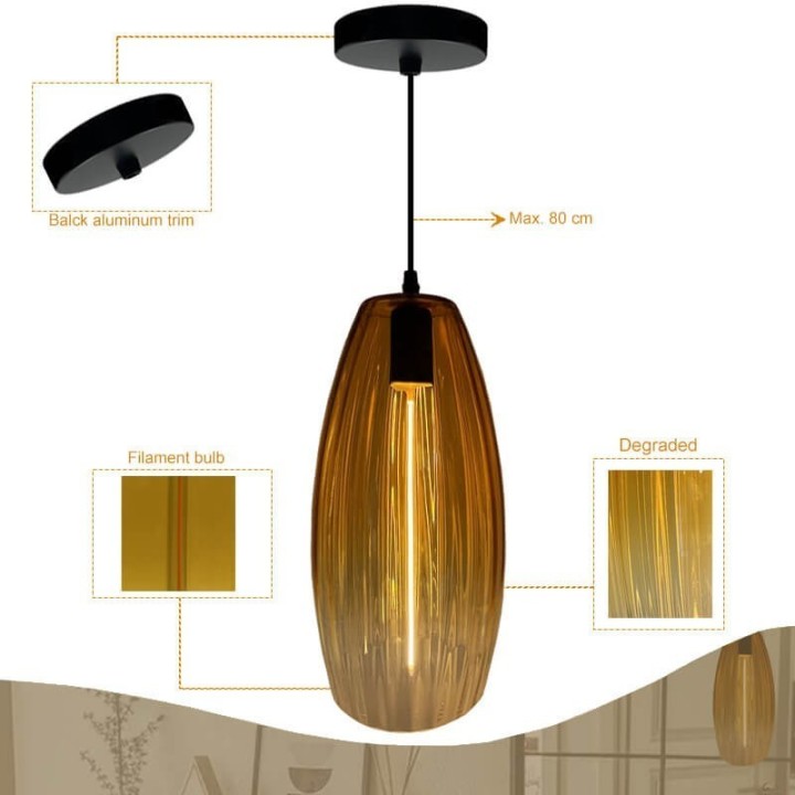 Suspension LED à Filament Verre Doré Ambre | Lumière Décorative et Élégante