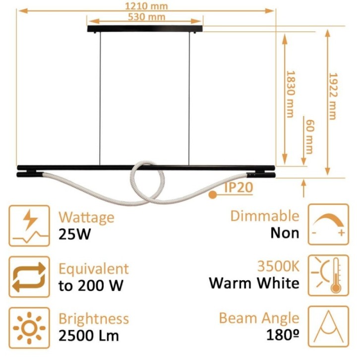 Suspension LED Noire avec Corde Lumineuse | 25W 3500K | Design Élégant