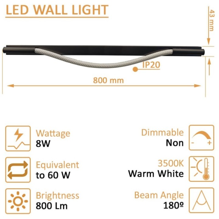 Applique LED Murale 8W – Intérieur – 3500K – Design Moderne avec Corde Lumineuse