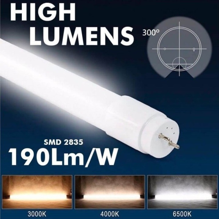 Pack de 10 Tubes LED 20W 120cm T8 Verre – 3400Lm, 170 lm/W, haute puissance lumineuse