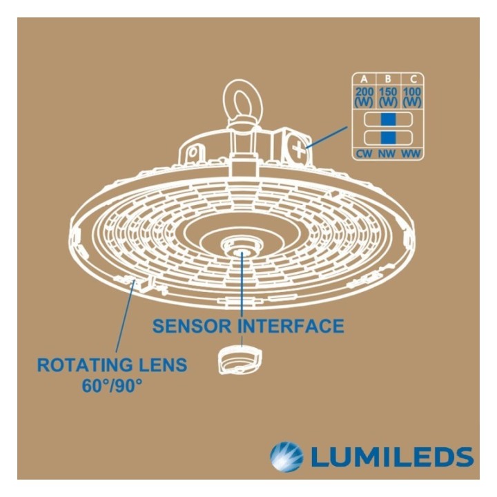 Cloche Industrielle LED réglable 100-150-200W – CCT – Lumileds puissante